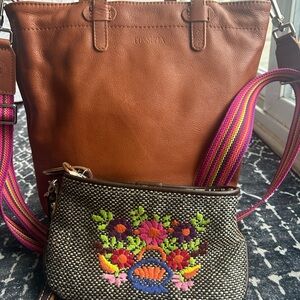 Consuela Brown Leather Tote with Colorful Embroidered Pouch